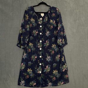 Fig And Flower Dress Womens Large Blue Floral Blue Lined Casual‎ Office Grandma